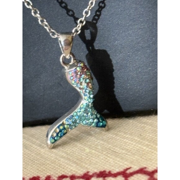 Mermaid Tail Necklace Pink Green Blue Shiny Silver Plated Rhinestones Fish Tail - Picture 7 of 8